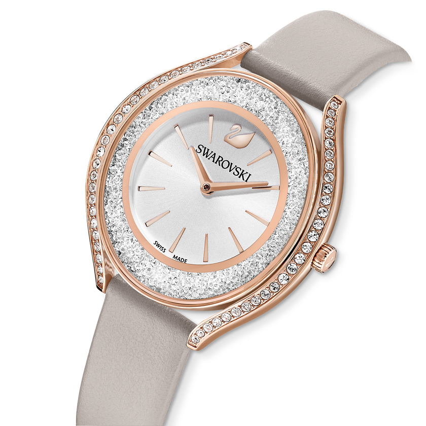 Crystalline Aura Watch, Leather strap, Gray, Rose-gold tone PVD