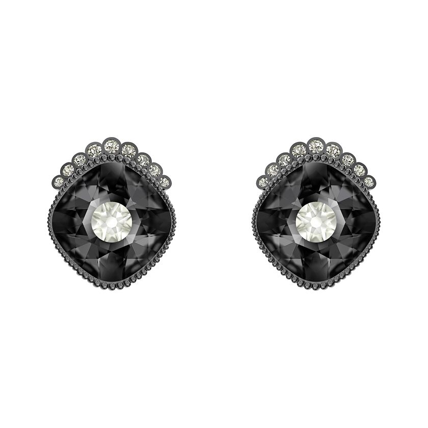 Black Baroque Stud Pierced Earrings, Dark gray, Ruthenium plated