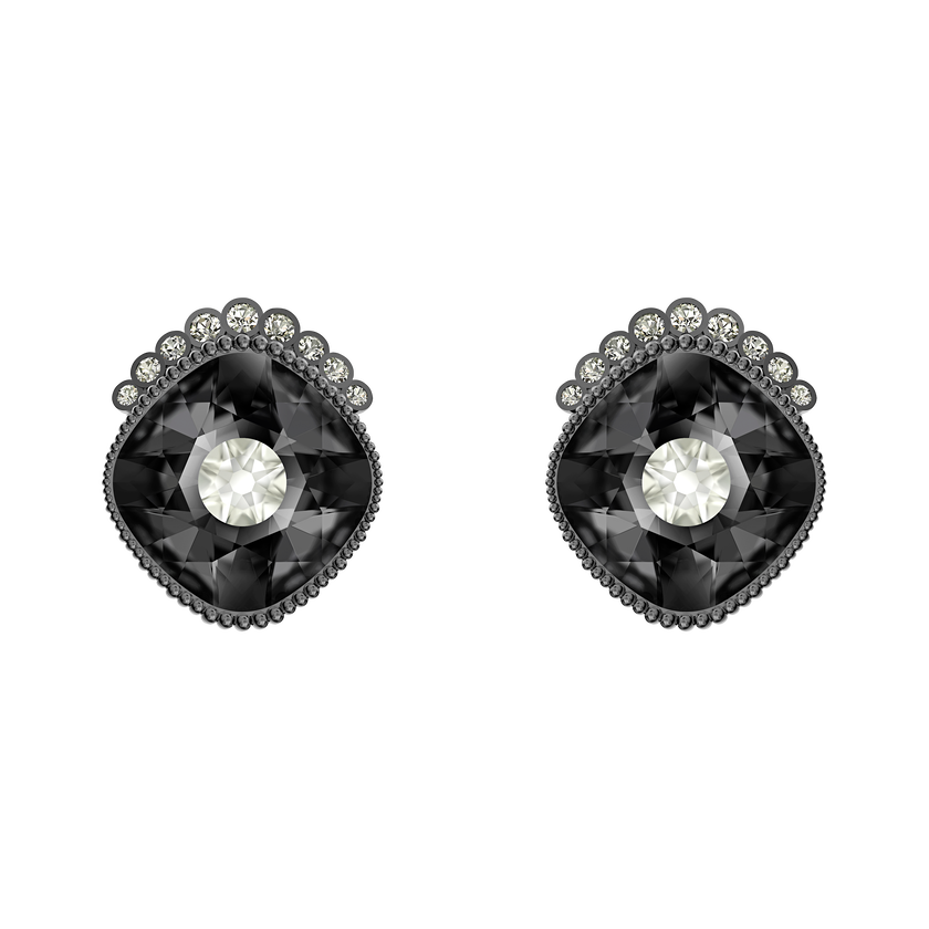 Black Baroque Stud Pierced Earrings, Dark gray, Ruthenium plated