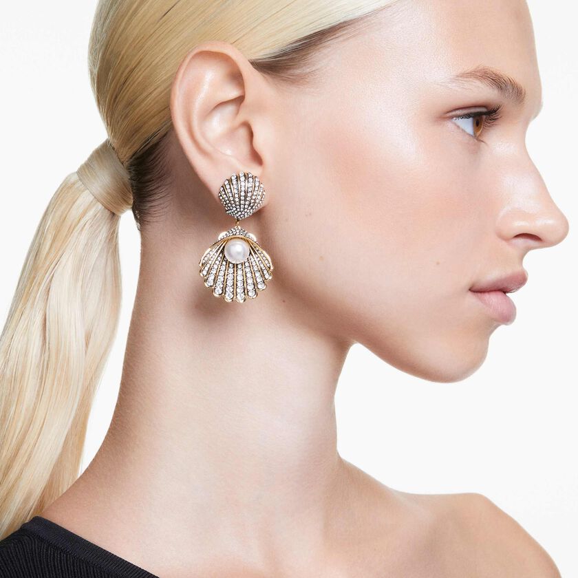 swarovski idyllia clip earrings  crystal pearl  shell  white  gold tone plated