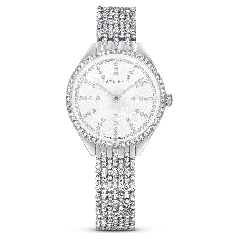 swarovski attract watch  swiss made  metal bracelet  silver tone  stainless steel