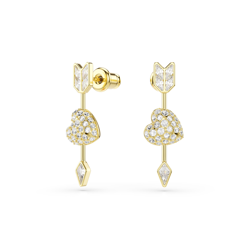 swarovski idyllia drop earrings  mixed cuts  heart with arrow  white  gold tone plated