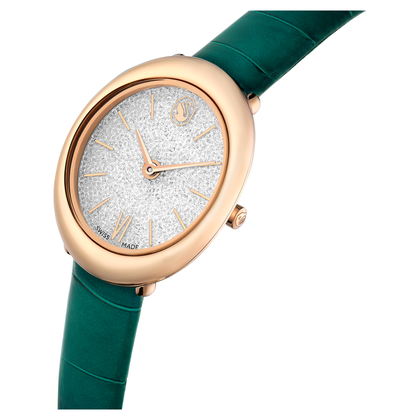 swarovski imber oval watch  swiss made  leather strap  green  rose gold tone finish