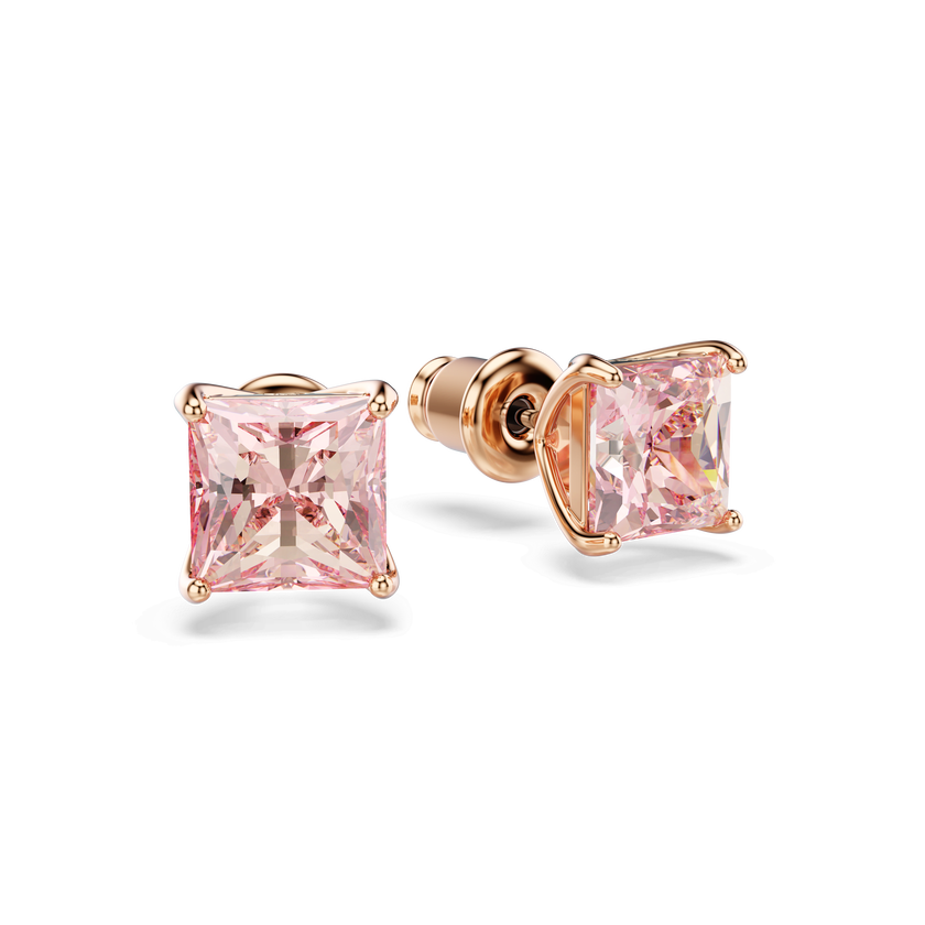 swarovski stilla stud earrings  square cut  pink  18k rose gold finish