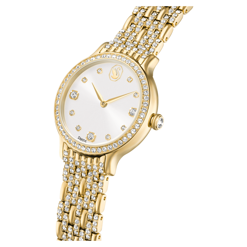 swarovski imber watch  swiss made  metal bracelet  gold tone  gold tone finish
