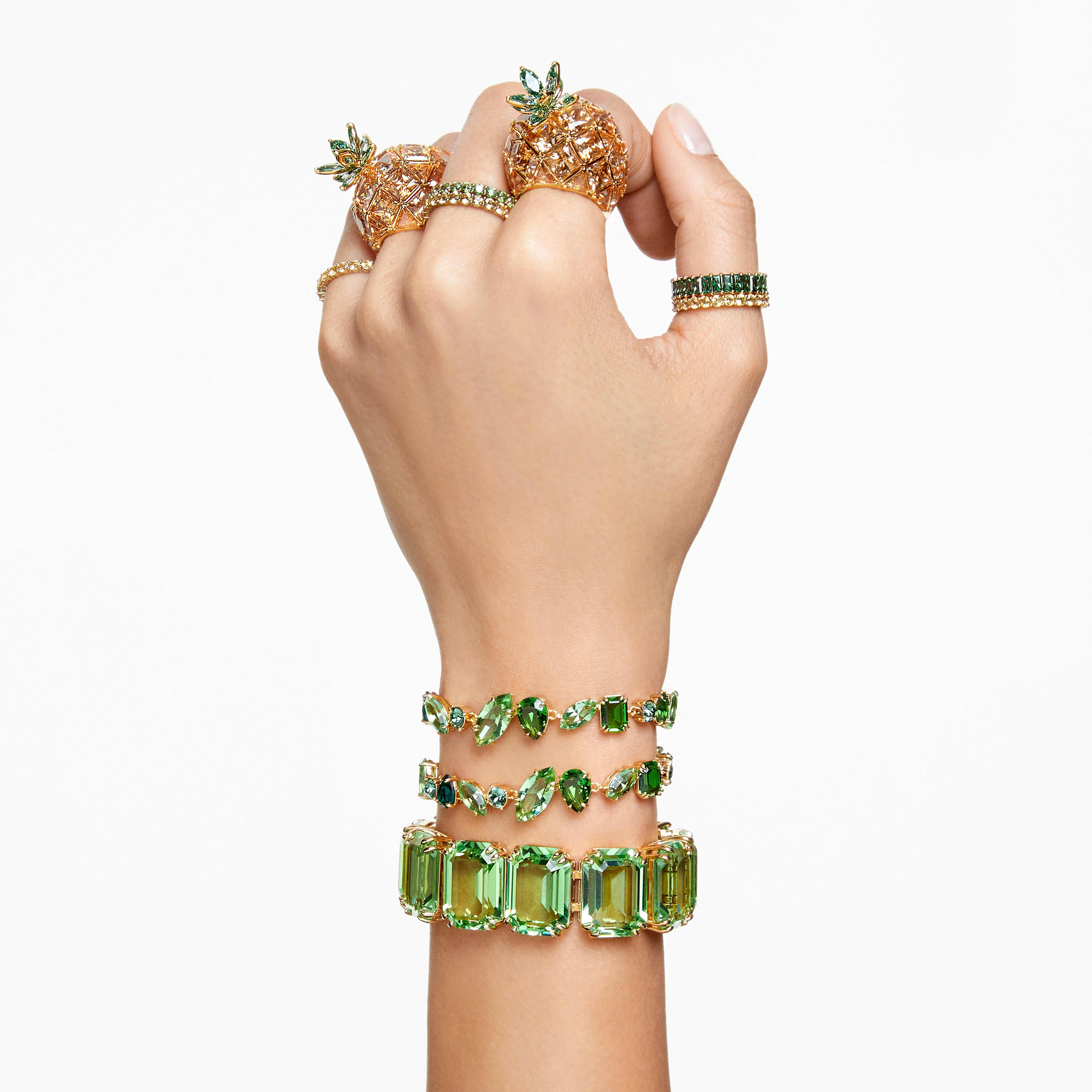 swarovski gema bracelet  mixed cuts  green  gold tone plated