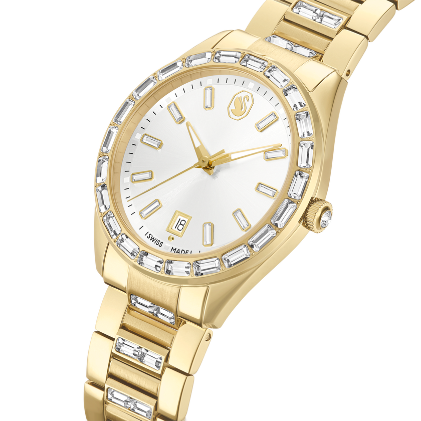 swarovski matrix date watch  swiss made  metal bracelet  gold tone  gold tone finish