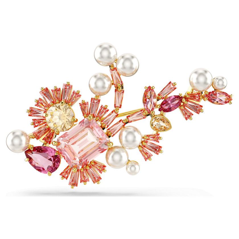 swarovski gema brooch  mixed cuts  flower  pink  gold tone plated