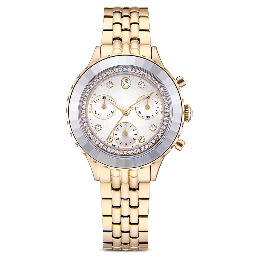 swarovski octea chrono watch  swiss made  metal bracelet  gold tone  champagne gold tone finish