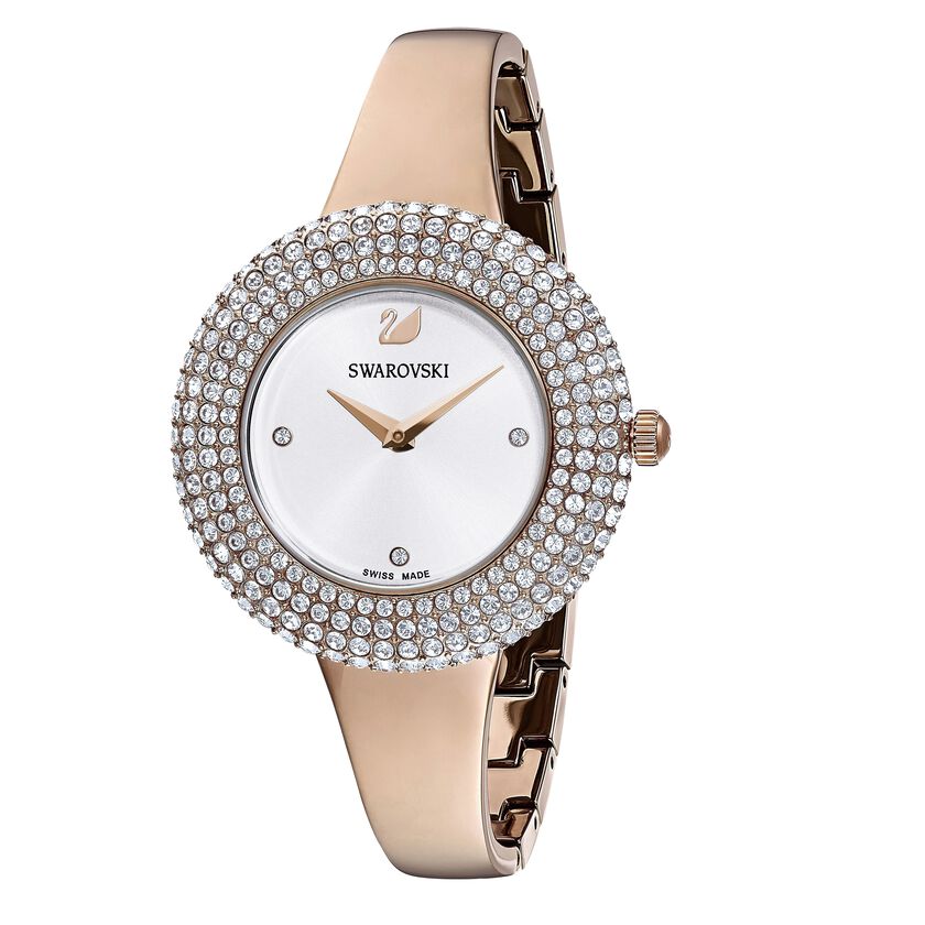 Crystal Rose Watch, Metal Bracelet, White, Rose-gold tone PVD