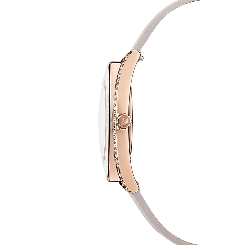Crystalline Aura Watch, Leather strap, Gray, Rose-gold tone PVD