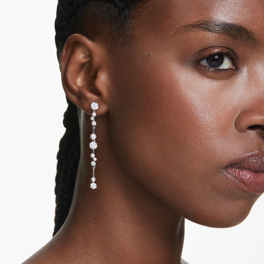 swarovski constella drop earrings  crystal pearl  round cuts  white  rhodium plated