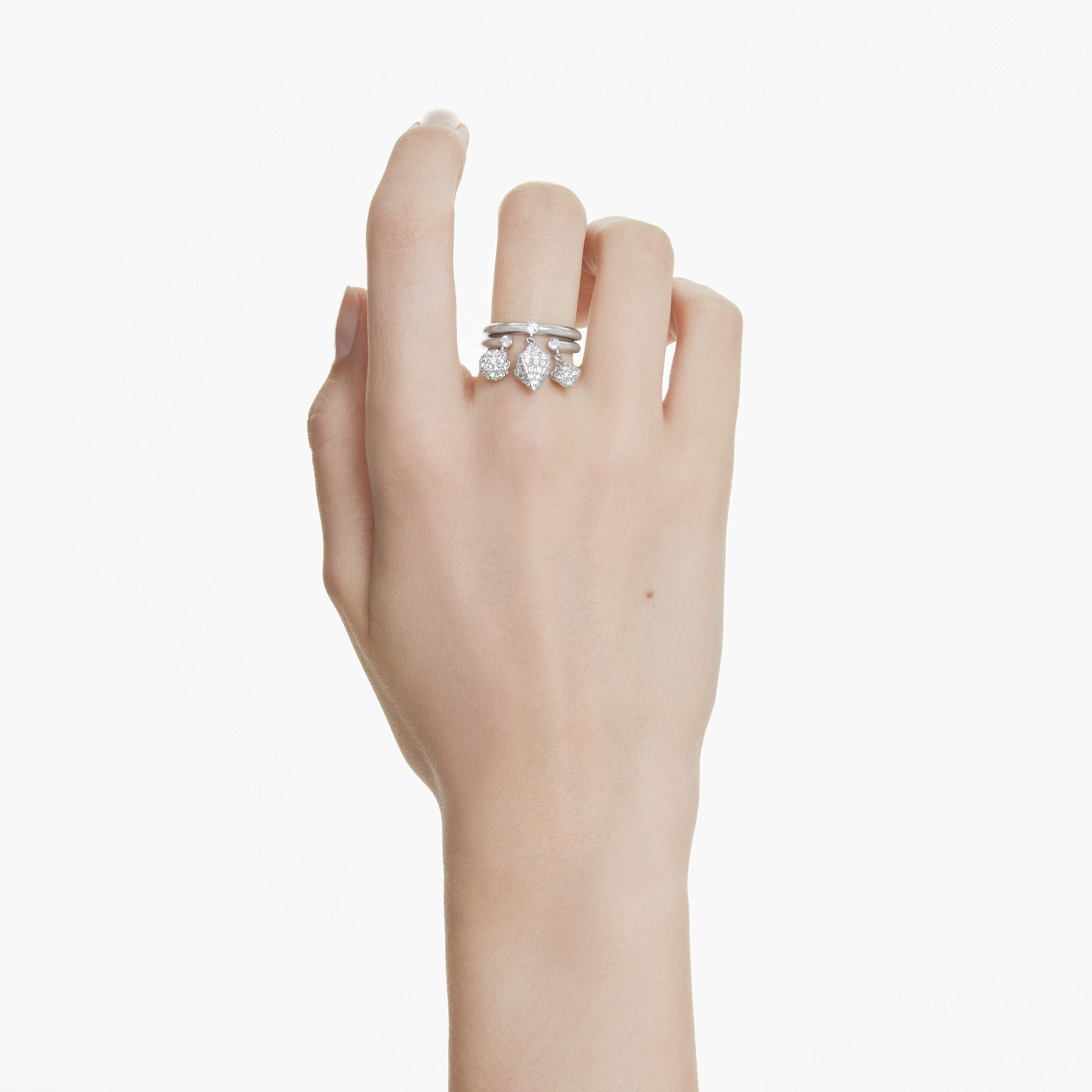 swarovski dextera ring  set  2   sphere and cube  white  rhodium plated