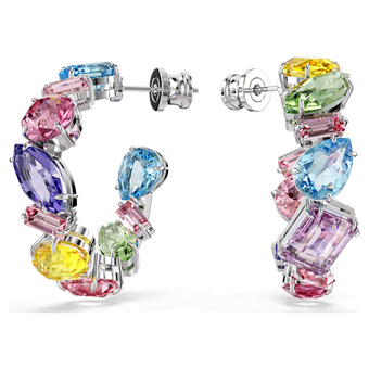 swarovski gema hoop earrings asymmetrical design mixed cuts small multicolored rhodium plated