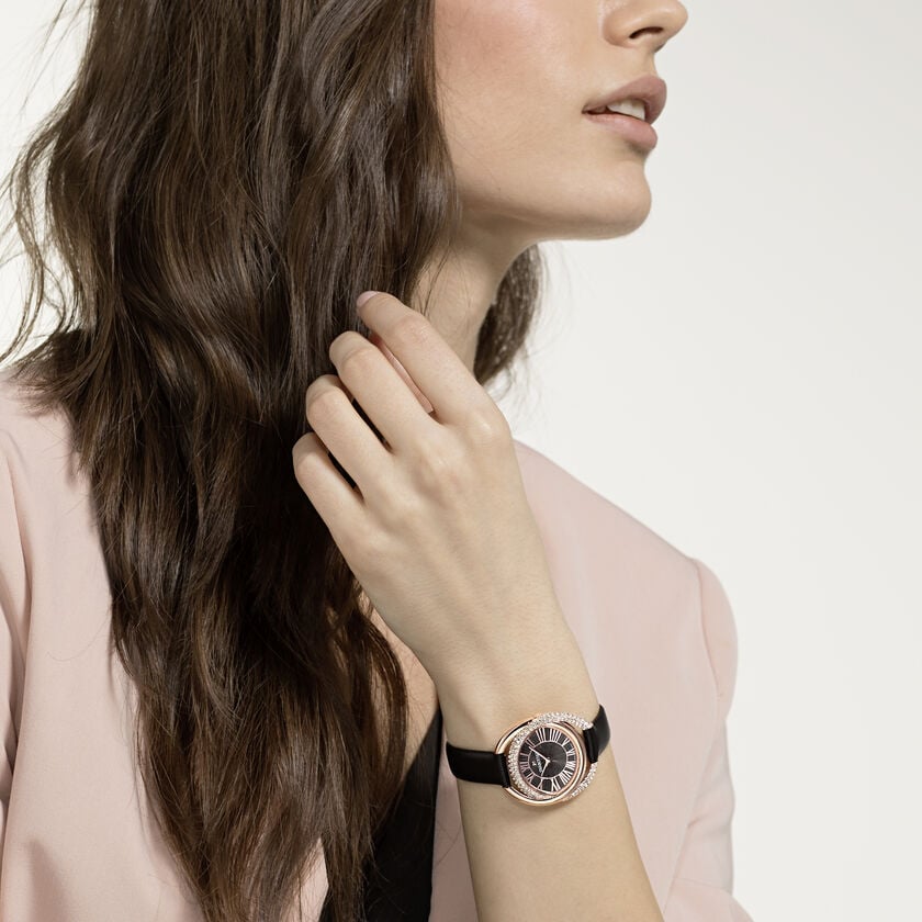 Duo Watch, Leather Strap, Black, Rose-gold tone PVD