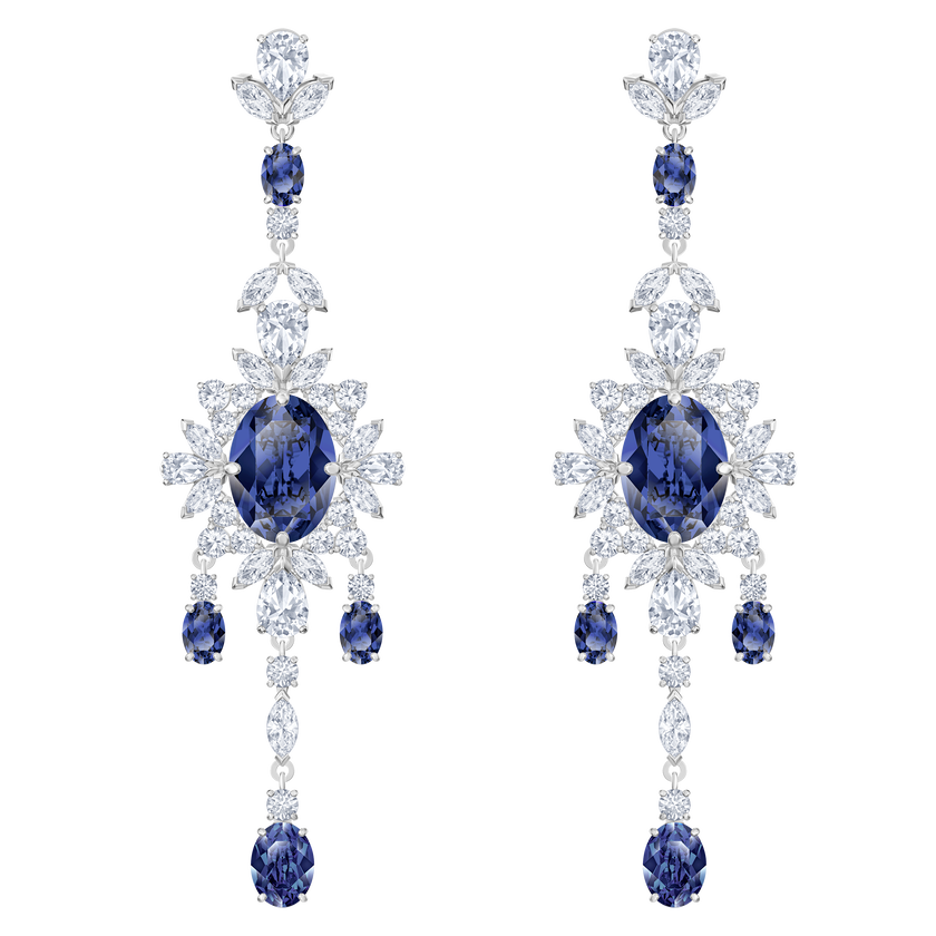 Palace Chandelier Pierced Earrings, Blue, Rhodium plated