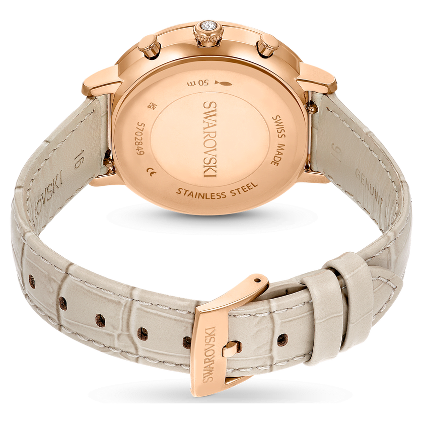 swarovski matrix tennis chrono watch  swiss made  leather strap  beige  rose gold tone finish