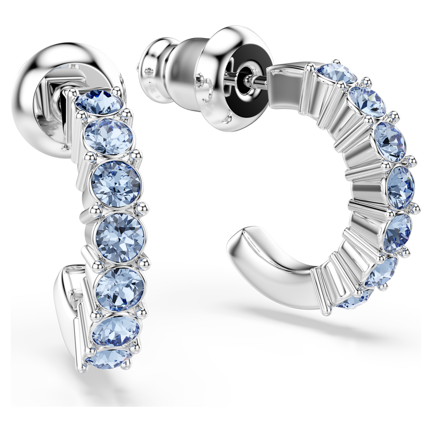 swarovski mini hoop earrings  round cut  blue  rhodium plated