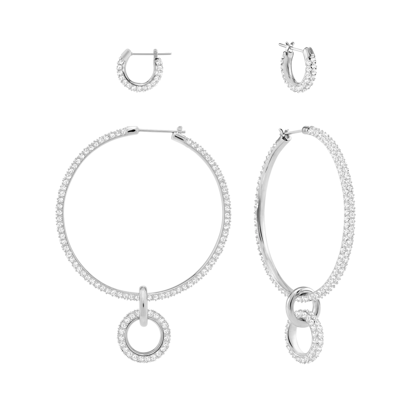 Stone Pierced Earring Set, White, Rhodium Plating